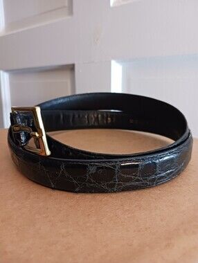 Black Reptile Print Belt Marked "...Alligator" "Solid Brass" Women's Sz 34